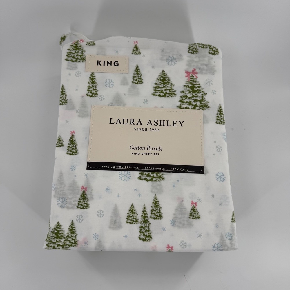 Laura Ashley King Percale Sheet‎ Set 100% Cotton Winter Wonderland Green Trees